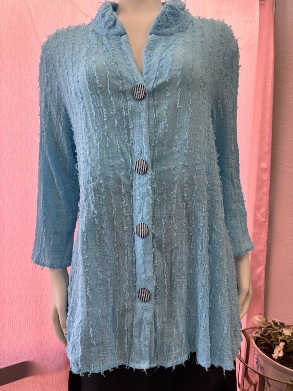 Yushi Blue Textured Crinkle Jacket Tunic Small Made in USA Artsy Lagenlook